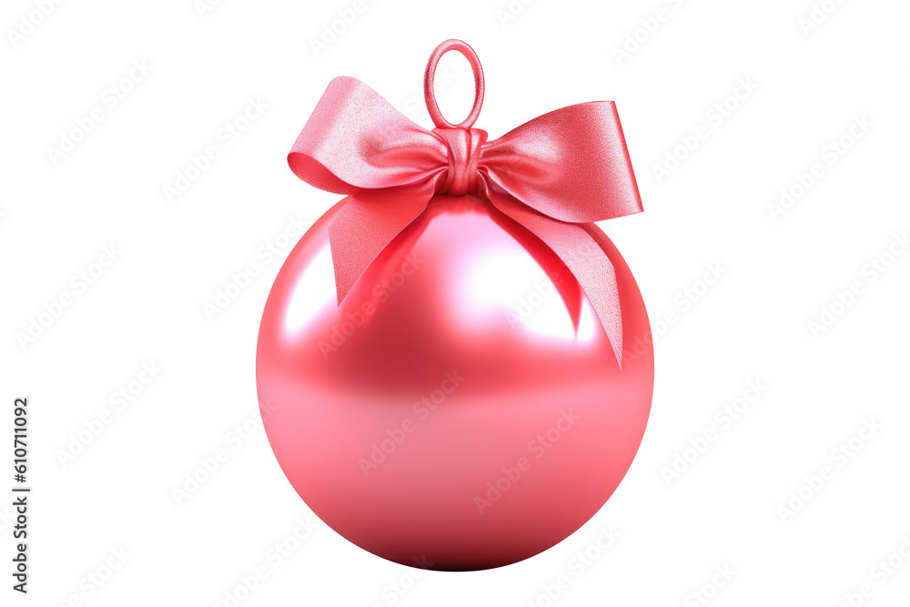 pink Christmas ball with ribbon and a bow, isolated on background. Generative AI pink Christmas ball with ribbon and a bow, isolated on background. Generative AI