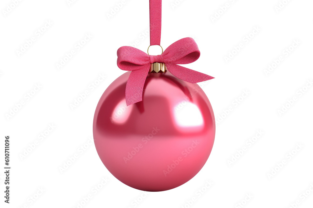 pink Christmas ball with ribbon and a bow, isolated on background. Generative AI pink Christmas ball with ribbon and a bow, isolated on background. Generative AI