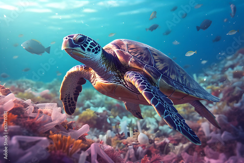 Plastic Ocean - An underwater shot of marine wildlife surrounded by plastic waste to raise awareness about ocean pollution. Generative ai