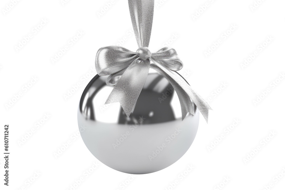 silver Christmas ball with ribbon and a bow, isolated on background. Generative AI silver Christmas ball with ribbon and a bow, isolated on background. Generative AI