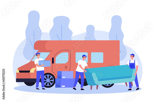 Happy workers loading boxes and furniture into truck. Movers carrying sofa, man holding cardboard box, moving service advertisement vector illustration. Relocation, transportation, advertising concept