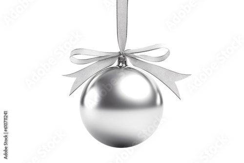 silver Christmas ball with ribbon and a bow, isolated on background. Generative AI