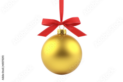 yellow Christmas ball with ribbon and a bow  isolated on background. Generative AI