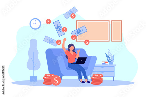 Cash falling on happy woman sitting on sofa with laptop. Smiling girl with financial freedom earning money passively while at home vector illustration. Passive income, finances, investment concept