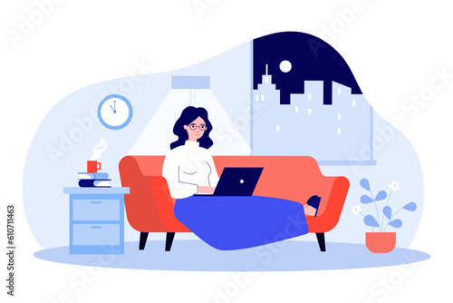 Happy woman working from home vector illustration. Office worker sitting on couch under blanket, typing on laptop at night. Remote work, self-employment, flexible schedule concept