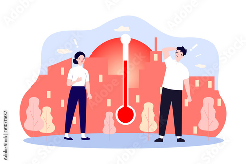 People suffering from high temperature vector illustration. Red thermometer with hot city and sun in background. Heatwave, drought, climate change, hot weather, summer concept