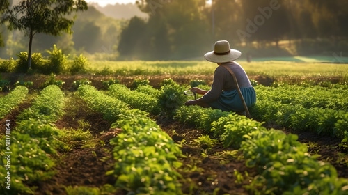 Sustainable Agriculture - A farmer in a field using eco-friendly methods such as crop rotation and natural pest control. Generative ai.
