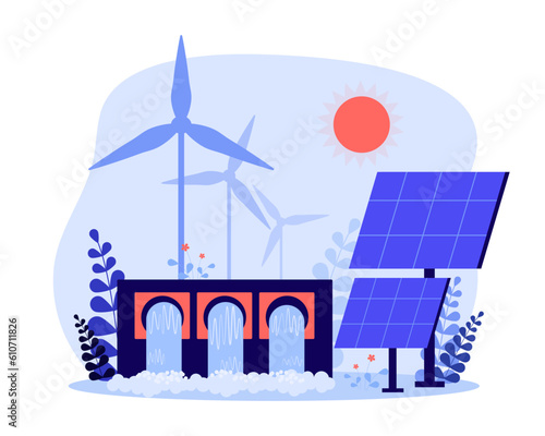 Renewable energy sources vector illustration. Solar power panels, wind turbines, hydroelectric dams as alternatives to fossil fuels. Green living lifestyle, sustainability, ecology concept