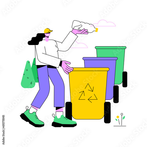 Trash sorting facility isolated cartoon vector illustrations. Young girl throwing a bottle for recycling in the city park, environmental protection, trash sorting idea vector cartoon.