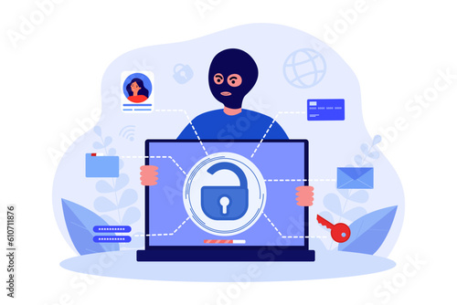 Thief in mask stealing computer vector illustration. Laptop with lock on screen, hacker getting access to messages, profiles, credit card, personal data. Cyber attack, cybersecurity concept
