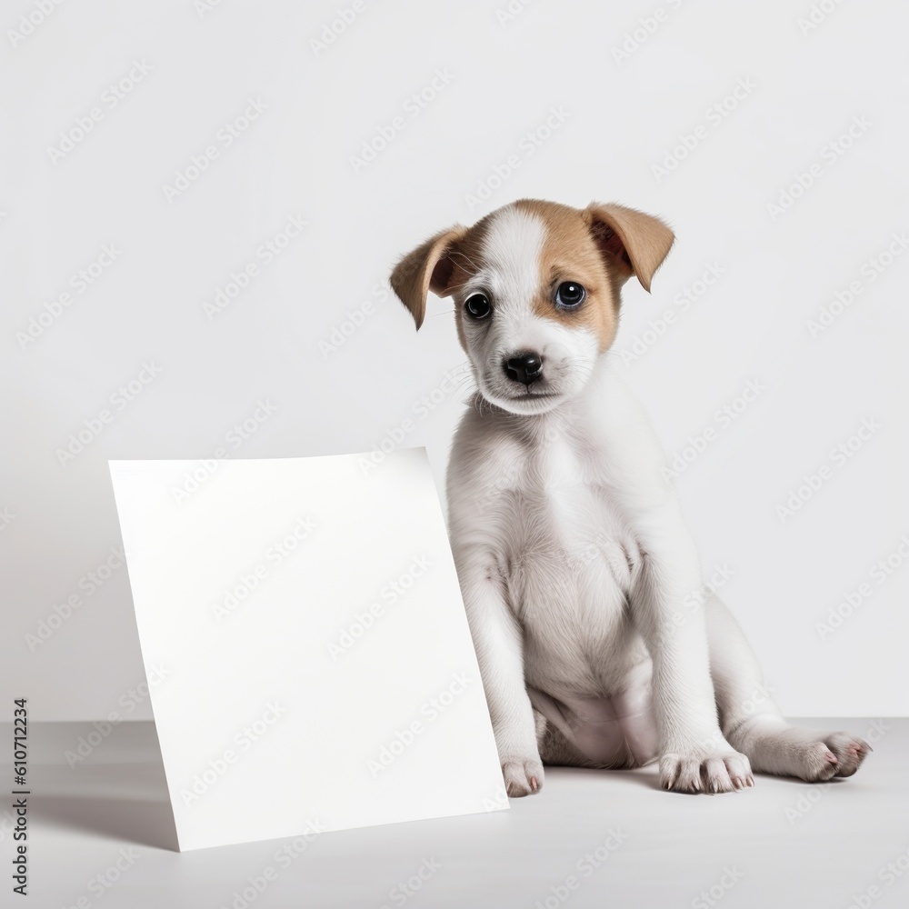 Cute little puppy holding a banner. AI generative image.