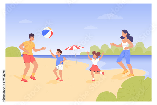 Family having quality time on beach vector illustration. Happy parents and children playing with ball together on sea shore. Family reunion, healthy lifestyle, travel, summer activity concept