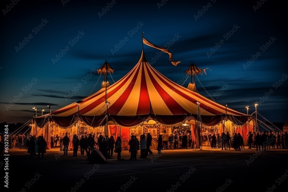 Magical Circus Tent: Illuminated at Dusk with Spectators Gathered in Anticipation. Generative AI