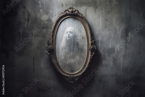 A captivating image portraying the apparition of a ghostly face emerging from an antique mirror  symbolizing trapped spirits and haunted artifacts. Generative Ai