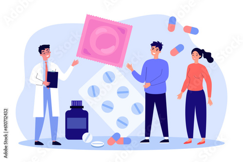 Married couple consulting doctor about protection methods. Husband, wife and medical professional, huge birth control pills, condoms vector illustration. Pregnancy, contraception, health concept