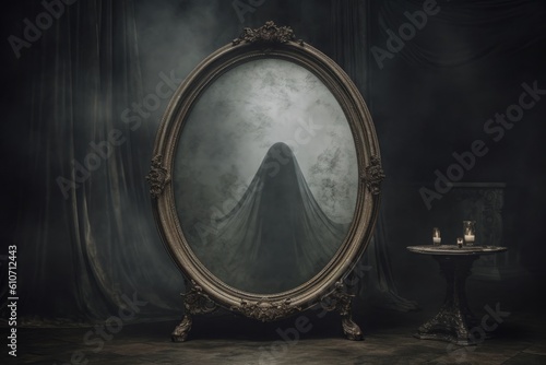 A captivating image portraying the apparition of a ghostly face emerging from an antique mirror, symbolizing trapped spirits and haunted artifacts. Generative Ai