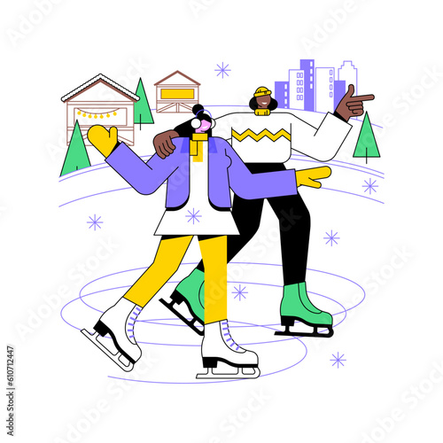 Ice skating rink isolated cartoon vector illustrations. Smiling couple ice skating together on the rink, urban active lifestyle, recreation day, winter sports, happy weekend vector cartoon.