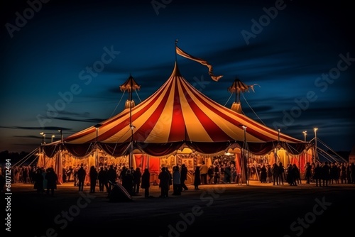 Magical Circus Tent: Illuminated at Dusk with Spectators Gathered in Anticipation. Generative AI