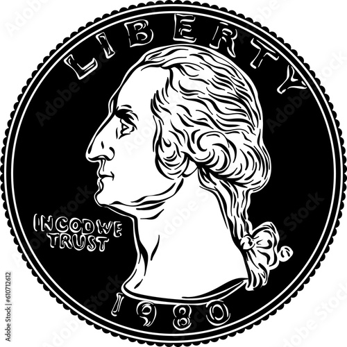American money, United States Washington quarter dollar or 25-cent Gold coin, first USA president Washington on obverse. Black and white image