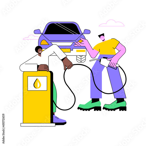 Full tank isolated cartoon vector illustrations. Smiling friends fill in petrol, guys at the gas station, go to travel together, road trip with full tank, automobile adventure vector cartoon.