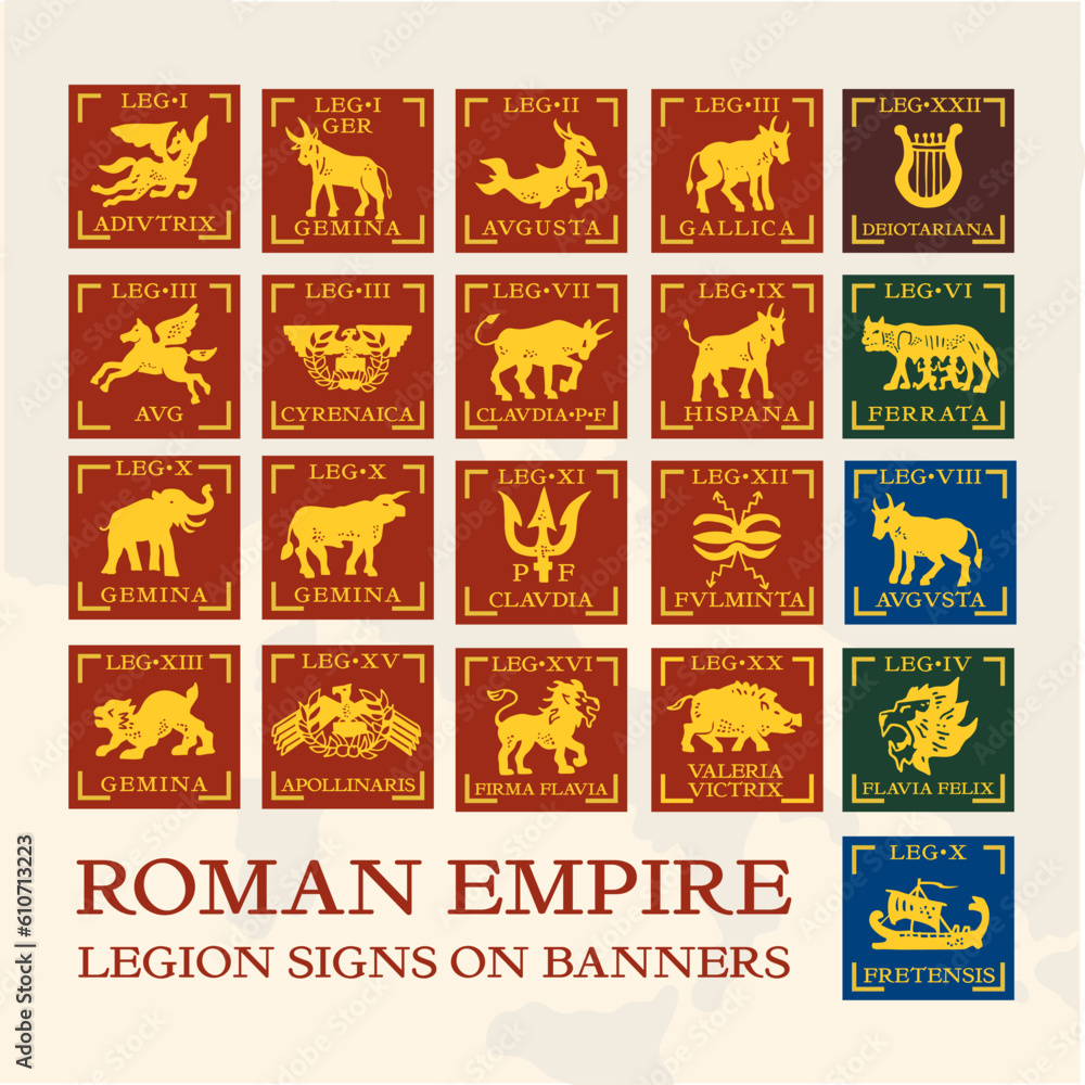Roman Empire military banners with signs and names of the legions hand drawn and vector format