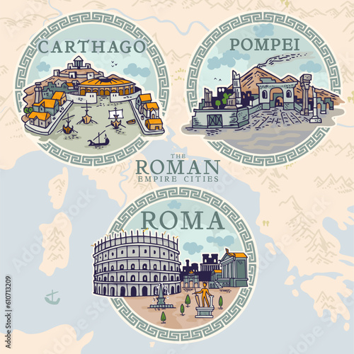 Roman Empire cities hand draw emblem icons in vector format