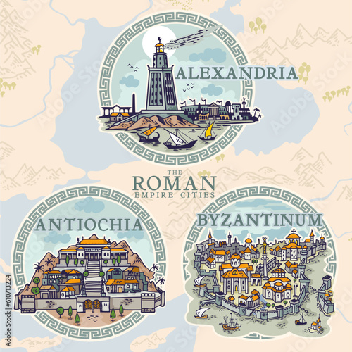 Roman Empire cities hand draw emblem icons in vector format #610713224