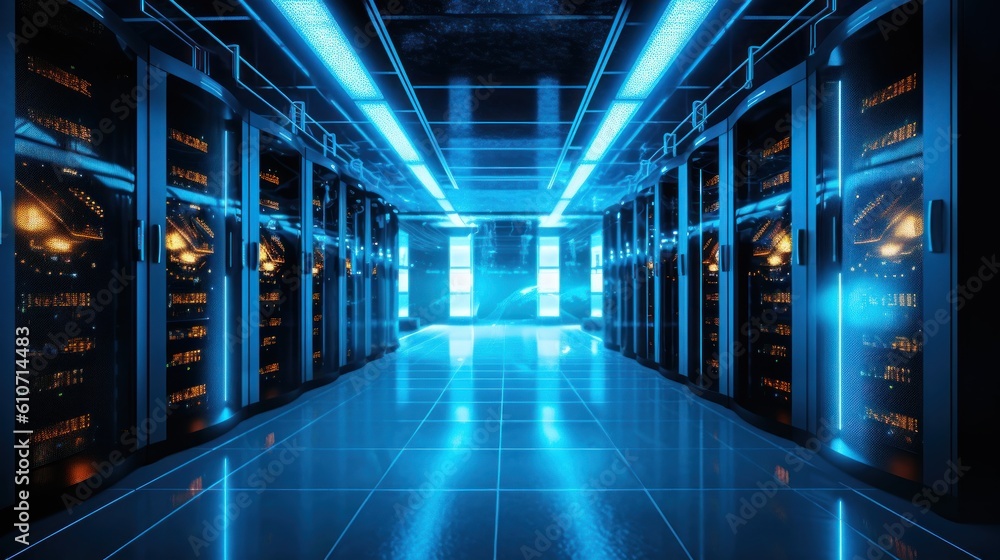 Server racks in computer network security server room data center. generative ai