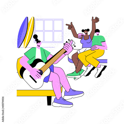 Hostel life isolated cartoon vector illustrations. Smiling people have fun with guitar in the hostel during concept tour, traveling with friends, surf camp holidays vector cartoon.