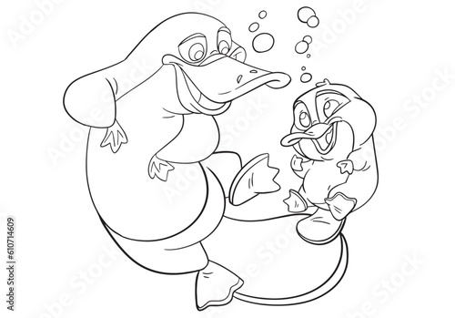 Coloring page with the image of cutes Platypus. Children's color draw book and activity game. Vector Platypus sheet icon.