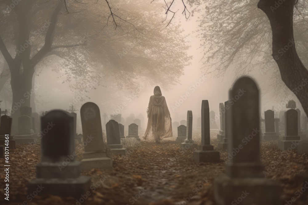 An evocative image of a ghostly figure wandering through an old cemetery, shrouded in mist, highlighting the connection between the supernatural and the mortal realm. Generative Ai