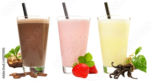 Bild auf Leinwand Milkshake Panorama - Different Milkshakes Transparent glass rim and bottom