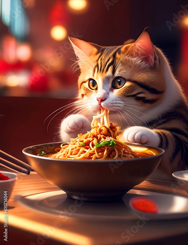 Cute cat eating noodles in a restaurant generic ai
