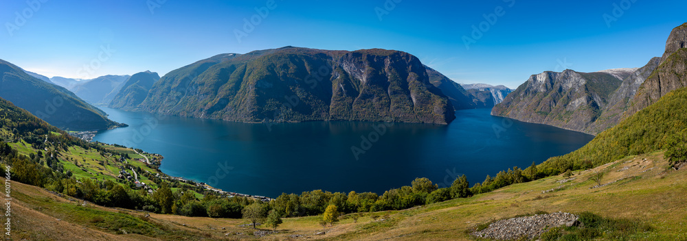 Panoramic Shot of Aurlandsfjord and the city of Aurlandsvangen Sogn og Fjordane, Norway.