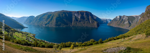 Panoramic Shot of Aurlandsfjord and the city of Aurlandsvangen Sogn og Fjordane, Norway.
