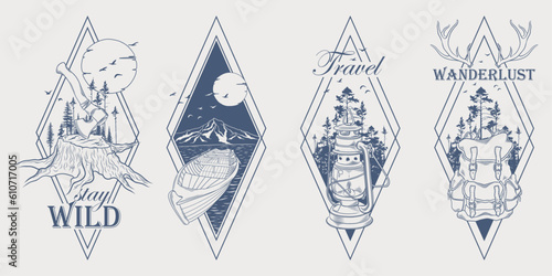 Set of hand drawn travel geometric frames with forest trees silhouette, mountains and moon. Wanderlust. Adventure. Vector illustrations for t-shirt design, posters, stickers, tatoo, label, badges