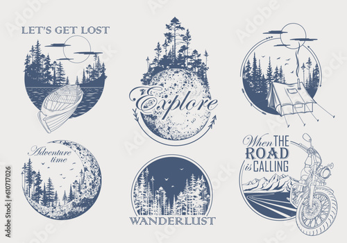Set of hand drawn travel illustrations with forest trees silhouette, mountains and moon. Wanderlust. Adventure. Vector isolated illustration for t-shirt design, posters, stickers, tatoo, label, badges