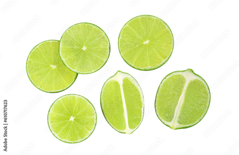 Slices of lime fruit isolated on transparent background. PNG