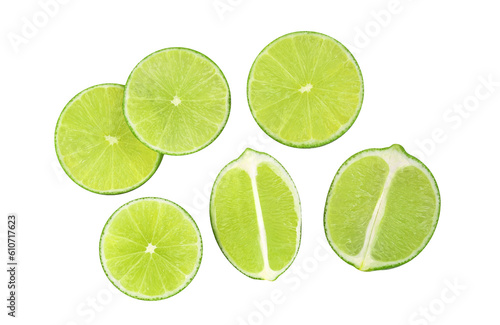 Slices of lime fruit isolated on transparent background. PNG