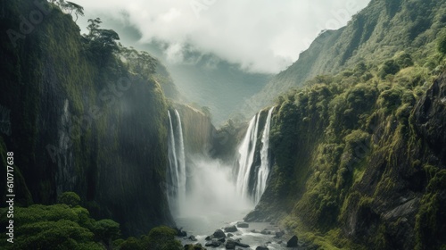 Breathtaking scene featuring a massive waterfall cascading down a rocky cliff  surrounded by lush vegetation and mist