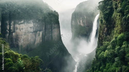 Breathtaking scene featuring a massive waterfall cascading down a rocky cliff  surrounded by lush vegetation and mist