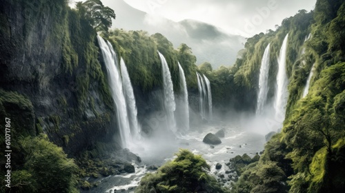 Breathtaking scene featuring a massive waterfall cascading down a rocky cliff, surrounded by lush vegetation and mist © Damian Sobczyk