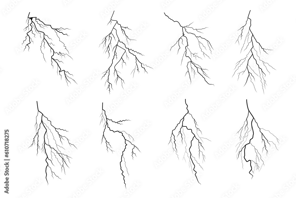 Black lightning silhouettes. Thunderstorm isolated on white. Vector illustration EPS10