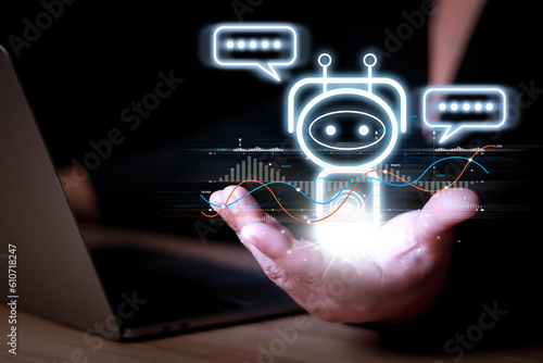 Chat with AI, Artificial Intelligence. man using technology smart robot AI, artificial intelligence by enter command prompt for generates something, Futuristic technology transformation.