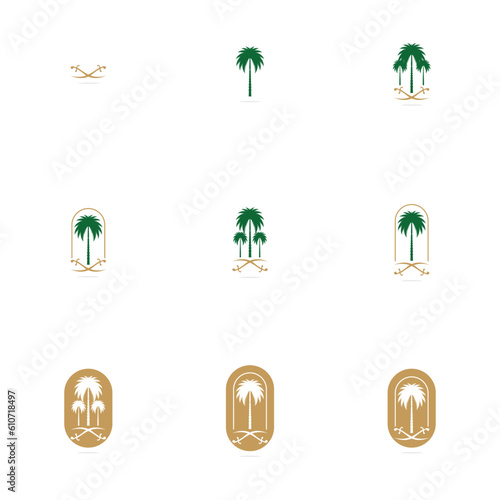 Set of creative Saudi Arabia palm tree and swords icon logo design vector illustration	
