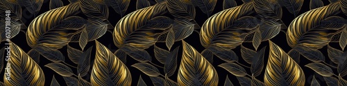 Abstract luxury elegant floral organic texture wallpaper banner illustration - Gold line art leaves on dark background, seamless pattern Generative AI