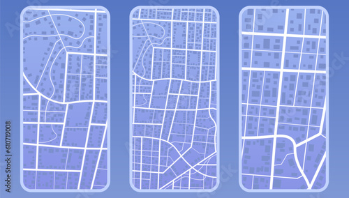 Decorative graphic tourist map of territory. Smartphone map application. App search map navigation. Fragments of town. Futuristic route dashboard gps map tracking. Vector illustration,