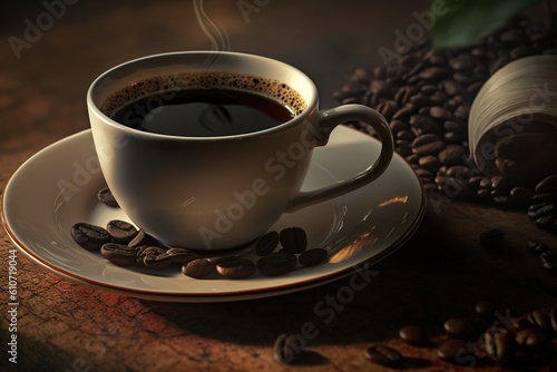 A cup of black coffee  with scattered coffee beans  is generated by AI.