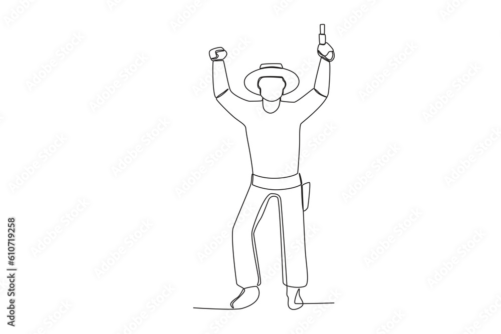 A happy cowboy took up arms. Cowboy one-line drawing A happy cowboy took up arms. Cowboy one-line drawing