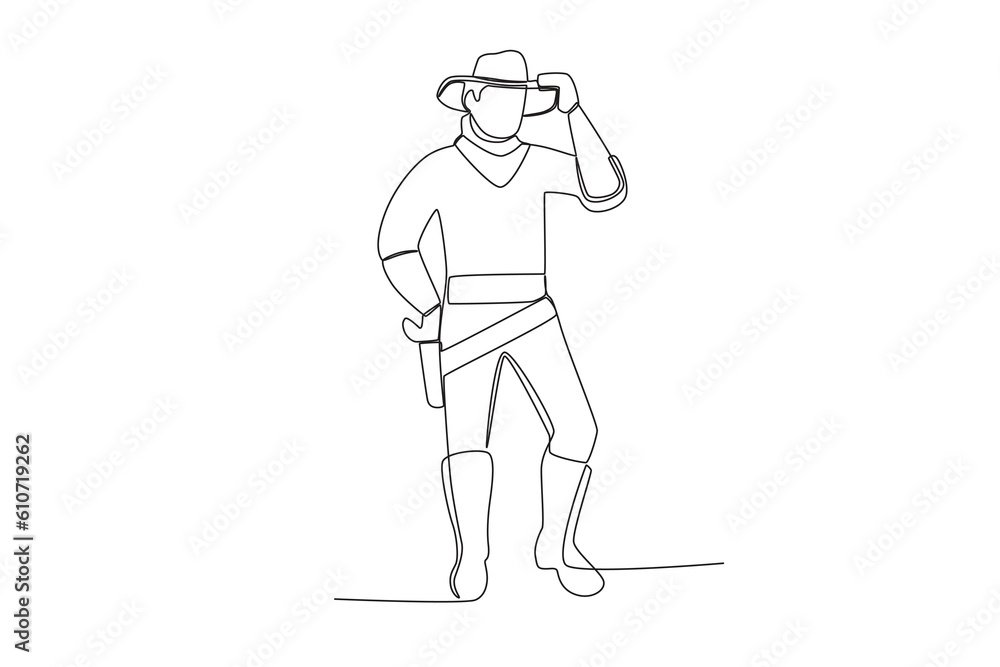 A man wearing cowboy clothes. Cowboy one-line drawing